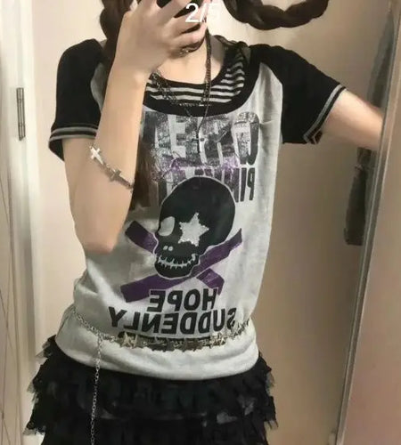 Summer Woman T Shirts Y2k Tops Fake Two Tees Short Sleeve O-neck Skull Ptint Camisetas Off Shoulder Casual Fashion Korean Tshirt