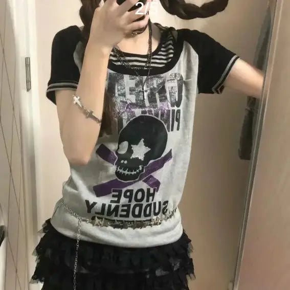 Summer Woman T Shirts Y2k Tops Fake Two Tees Short Sleeve O-neck Skull Ptint Camisetas Off Shoulder Casual Fashion Korean Tshirt