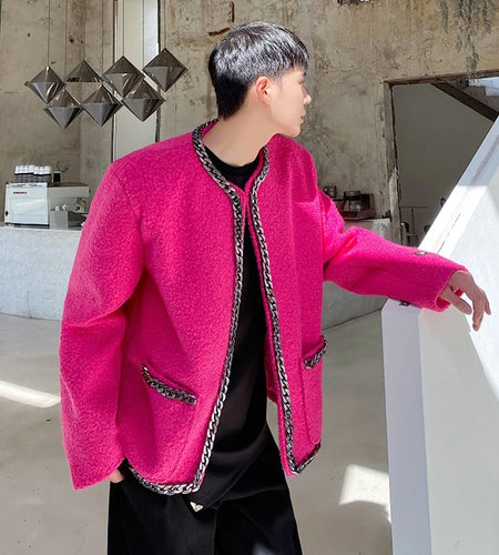 Woolen Personalized Male Coat Casual Chain Decoration Men Solid Color Jackets Thickened Tops 2024 Winter Stylish 9C8954