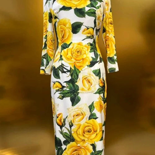 Load image into Gallery viewer, Hit Color Floral Printing Elegant Dresses For Women Round Neck Long Sleeve High Waist Splicd Zipper Dress Female Fashion
