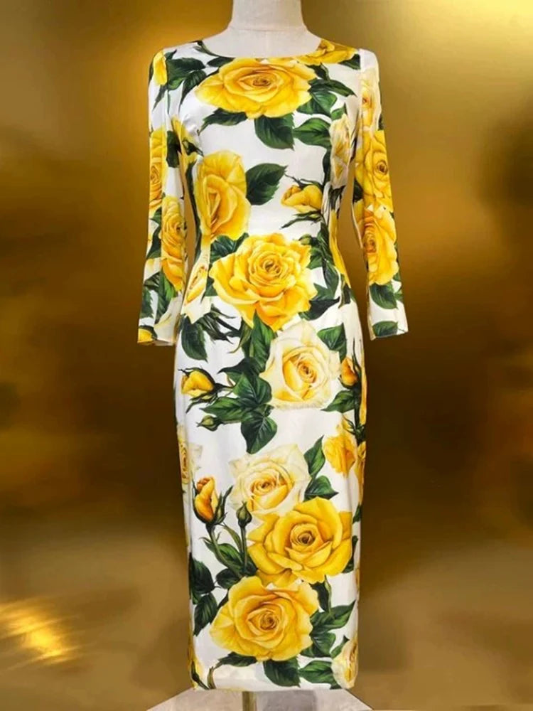 Hit Color Floral Printing Elegant Dresses For Women Round Neck Long Sleeve High Waist Splicd Zipper Dress Female Fashion