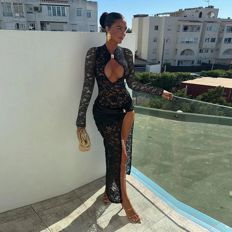 Lace Hollow Out Sexy Maxi Dress For Women Fashion Long Sleeve Thigh High Split Bodycon Club Evening Long Dress Elegant