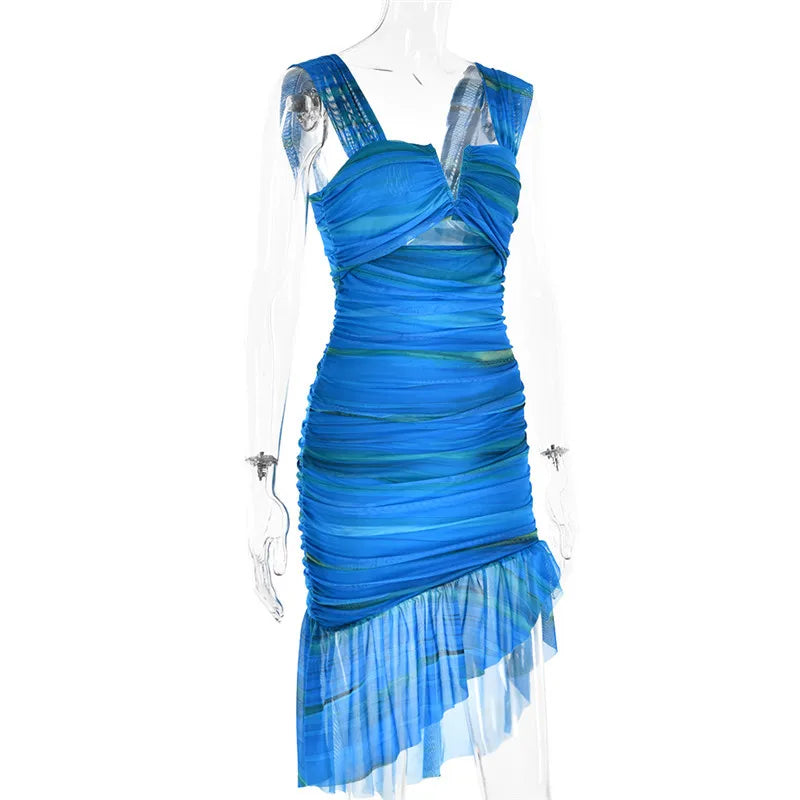 Striped Backless Ruched Midi Dress Women Two Layer Mesh Spaghetti Strap Sleeveless Bodycon Sexy Print Fishtail Dress