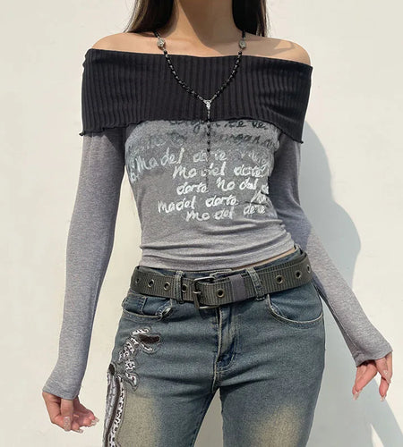 Harajuku Skinny Autumn T shirt for Women Letter Print Patched Streetwear Off Shoulder Top Tee Contrast Goth Pullovers
