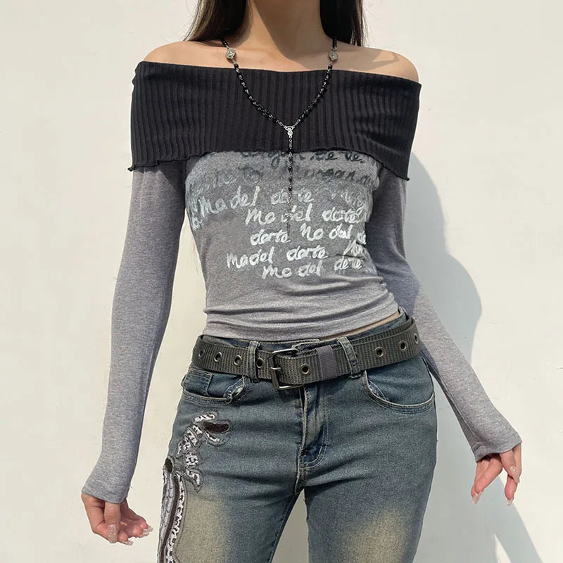 Harajuku Skinny Autumn T shirt for Women Letter Print Patched Streetwear Off Shoulder Top Tee Contrast Goth Pullovers