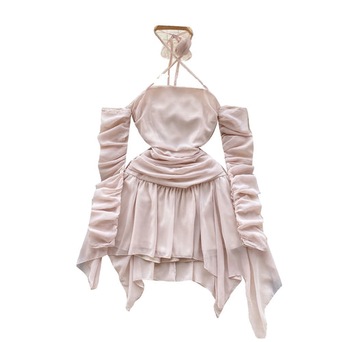 Load image into Gallery viewer, Autumn Pink Halter Bandage Mini Dress Women Sexy Club Temperament New Off Shoulder Korean Fashion Irregular Pleated Short Dress
