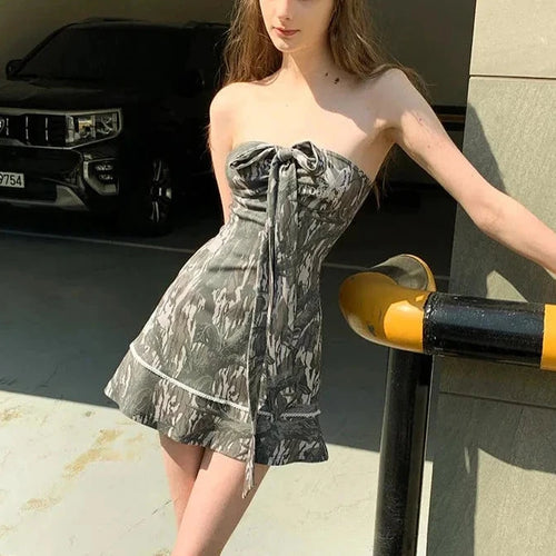 Load image into Gallery viewer, Strapless A Line Mini Dresses with Bow Y2k 2000s Aesthetic Vintage Print Summer Dress Women Clothes P85-CD21
