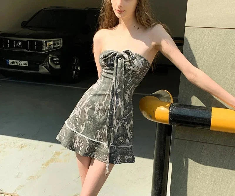 Strapless A Line Mini Dresses with Bow Y2k 2000s Aesthetic Vintage Print Summer Dress Women Clothes P85-CD21