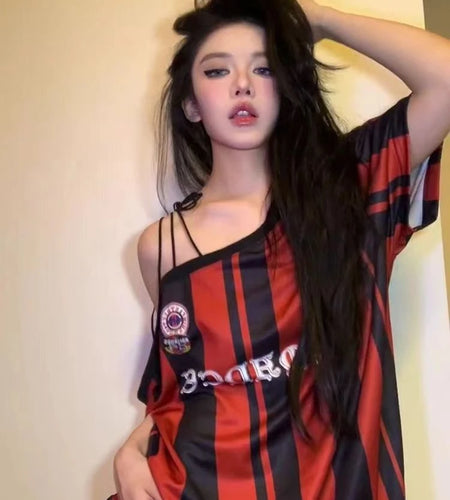 Y2k Aesthetics Oversized Casual Tshirts Women Vertical Stripe Harajuku T-shirt Letter Print Skew Collar Bandage Streetwear Tops