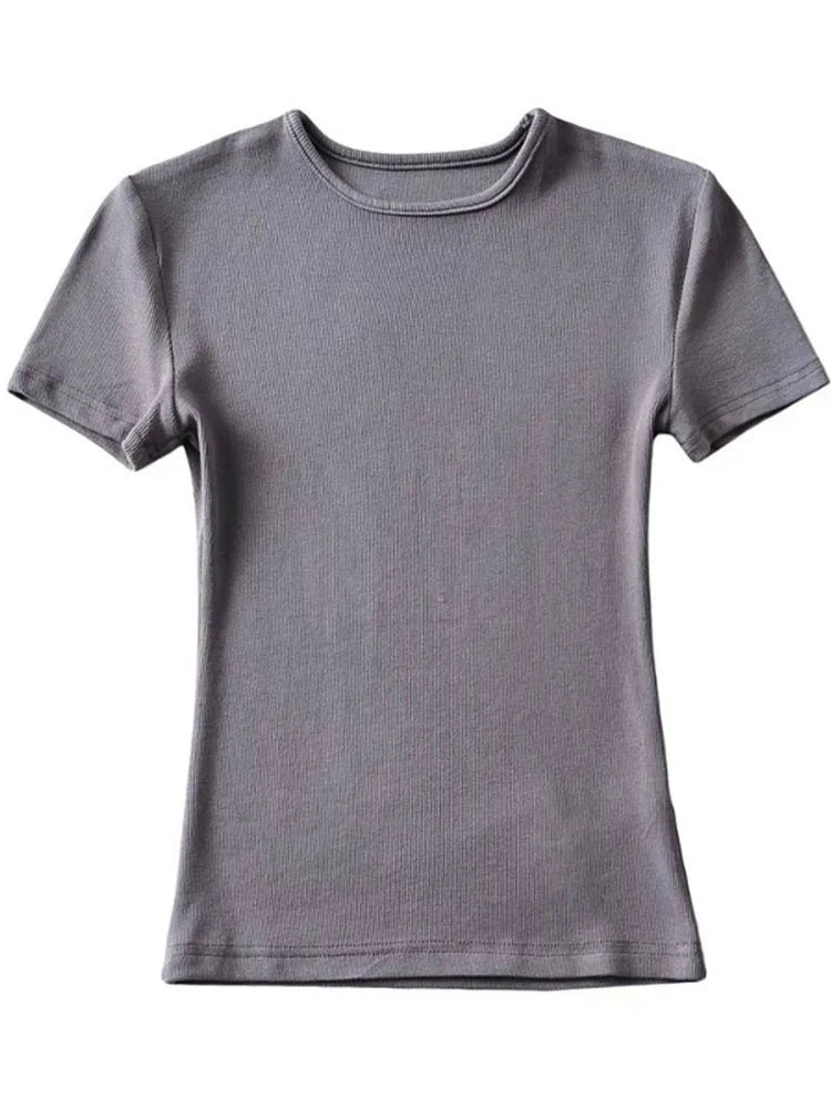 Casual Summer Woman Skinny Fit T-shirt Tight Short-Sleeve O-neck Tee Basic Solid Crop Tops T Shirt