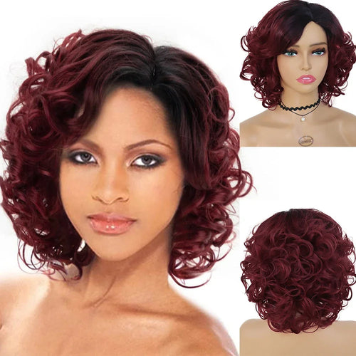 Load image into Gallery viewer, Synthetic Hair Afro Wig Kinky Curly Wigs for Black Women Short Hairstyle Wine Red Ombre Wig Dark Root Soft Hair Bob Wig
