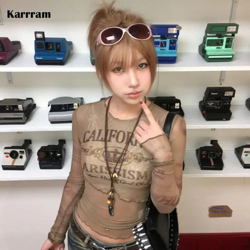 Load image into Gallery viewer, Japanese Y2k Mesh Tops Vintage Harajuku Letter Print Long Sleeve T-shirt 2000s Grunge Aesthetics Sheer Tops American 90s
