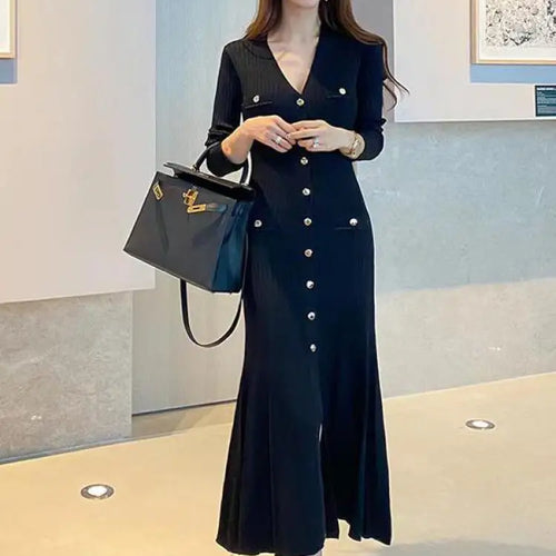 Load image into Gallery viewer, French Fashion Women Black Single Breasted Elegant V Neck Festival Knit Dress Autumn Long Sleeve Slim Fishtail Dress Ladies Chic
