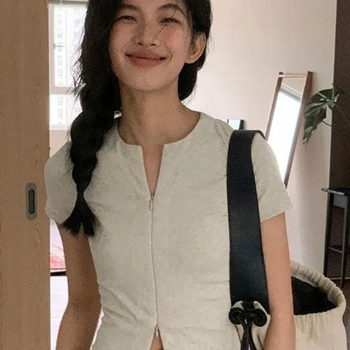 Load image into Gallery viewer, 2025 Harajuku Zipper Designer Solid Shirt Y2k Aesthetic Bodycon Simple Fairy Tshirt Women Slim Fit Streetwear T Shirt Summer

