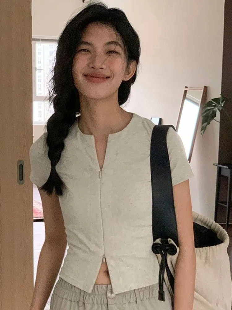 2025 Harajuku Zipper Designer Solid Shirt Y2k Aesthetic Bodycon Simple Fairy Tshirt Women Slim Fit Streetwear T Shirt Summer