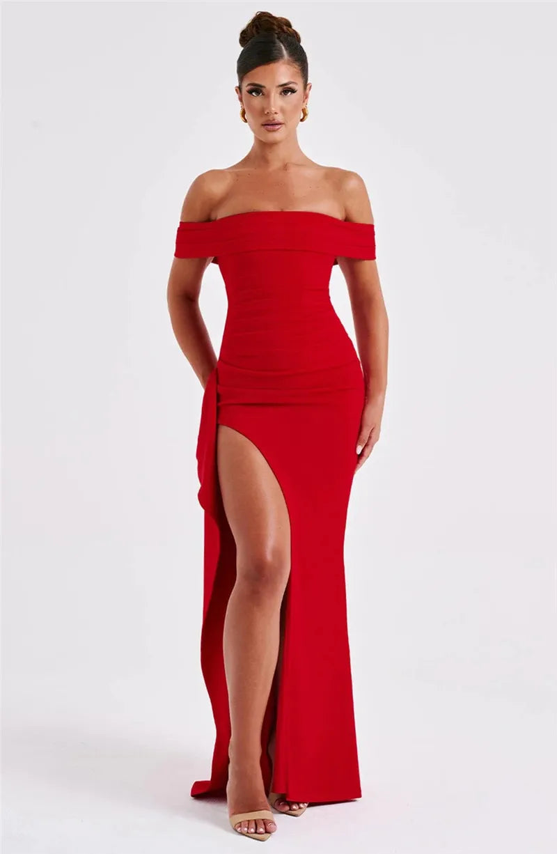 Elegant Off-shoulder High Split Maxi Dress Women Fashion Strapless Sleeveless Backless Bodycon Club Party Sexy Dress