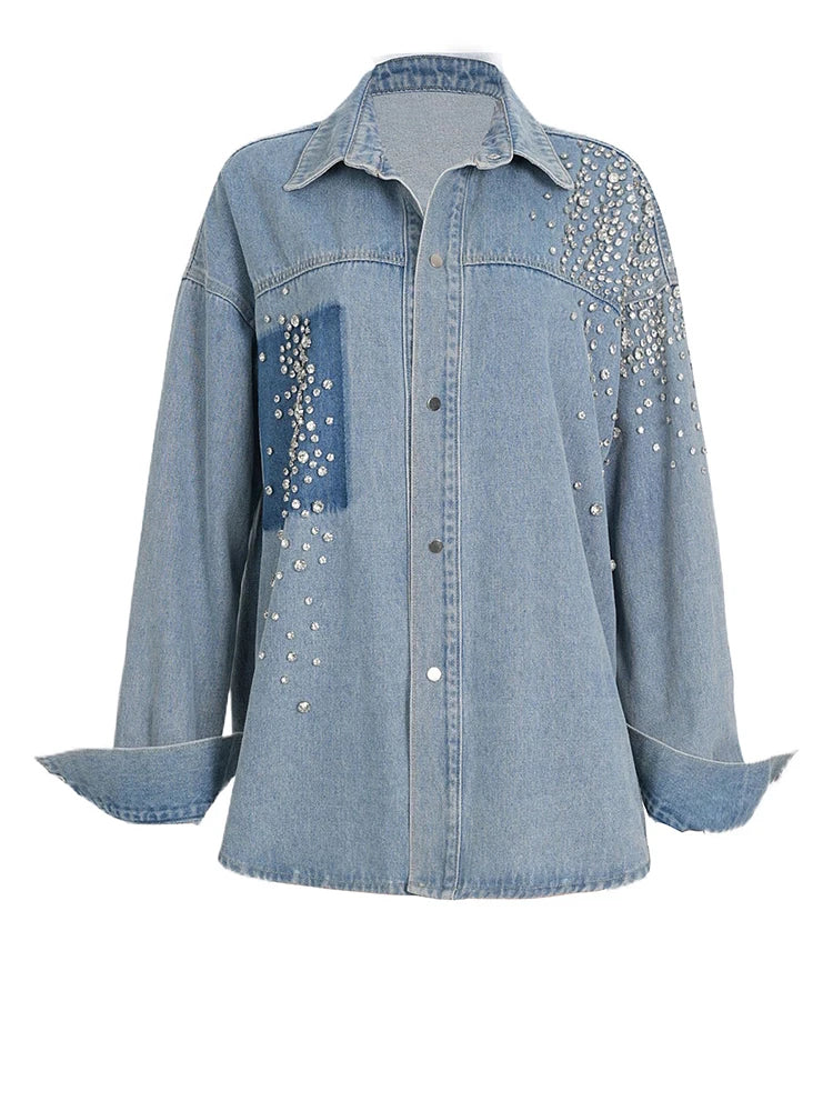 Loose Fit Blue Denim Rhinestones Big Size  Jacket New Lapel Long Sleeve Women Coat Fashion Tide Spring Autumn 2025  7AB878