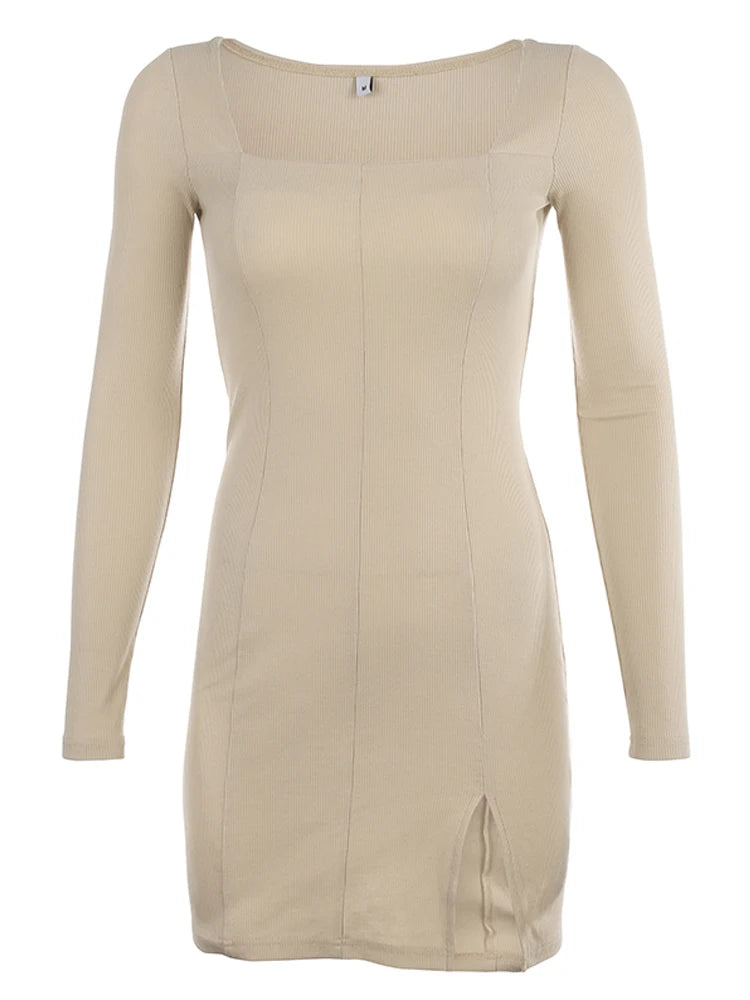 Jianna Beige Snatched Square Neck Ribbed Basic Mini Dress – Emprada