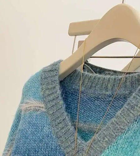 Autumn Winter Women's 2024 Rainbow Striped Pullover Knitwear Sweater Korean Fashion Ladies V Neck Long Sleeved Loose Tops Trendy