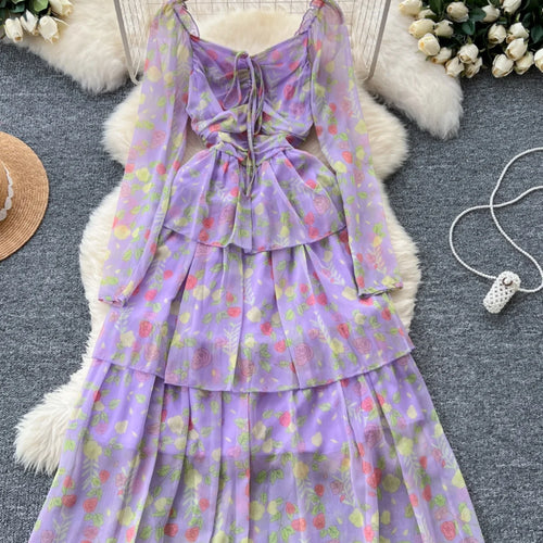 Load image into Gallery viewer, Vintage Autumn Flower Elegant Square Neck Lace-up Cake Dress Women Long Sleeves Festival Pleated Sundress Fashion Bohemian Trend
