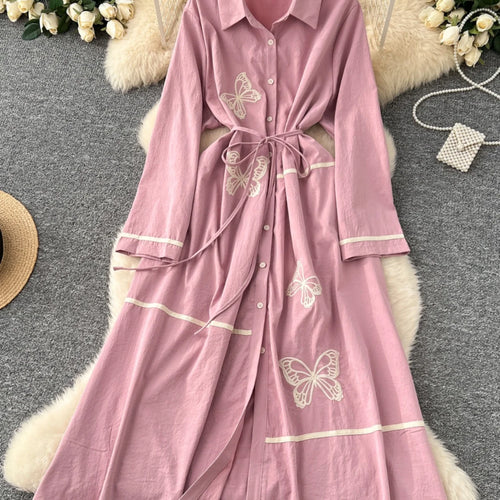 Load image into Gallery viewer, French Women Butterfly Embroidery Elegant Lace-up Shirt Long Dress 2025 Autumn New Retro Long Sleeved Button Holiday Party Dress
