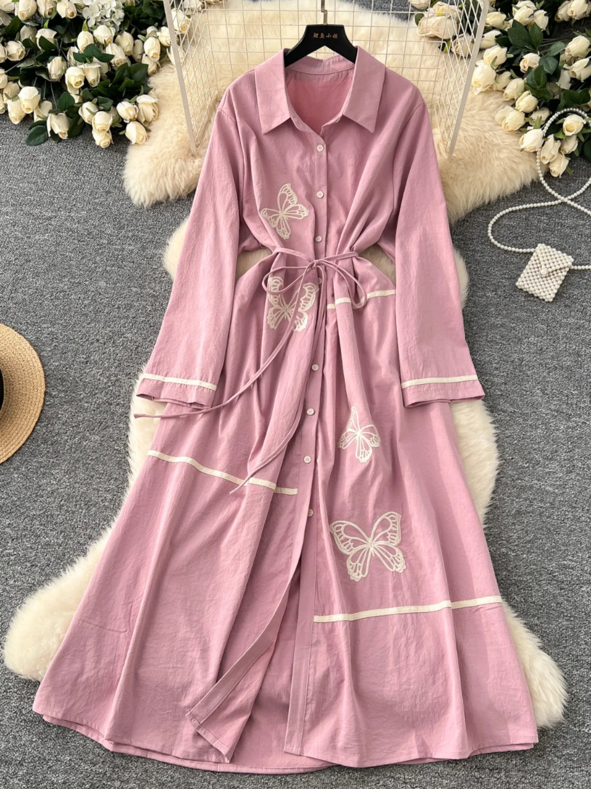 French Women Butterfly Embroidery Elegant Lace-up Shirt Long Dress 2025 Autumn New Retro Long Sleeved Button Holiday Party Dress