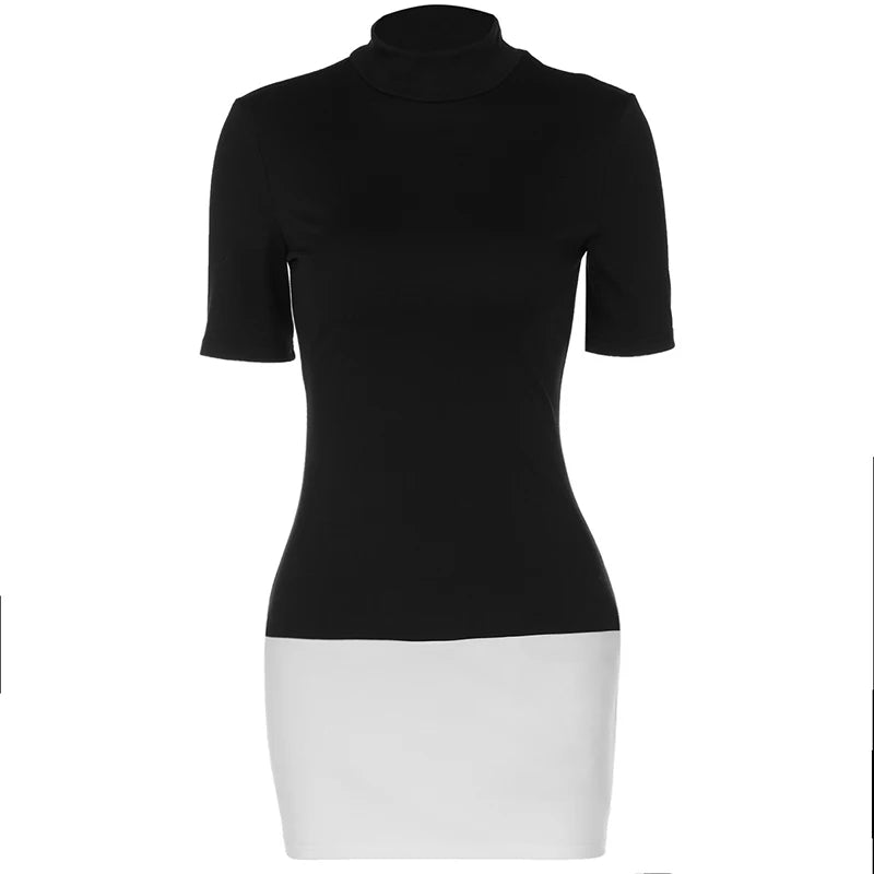 Sexy Half High Collar Half Sleeve Patchwork Mini Dress Women Slim Elegant High Waist Dress Streetwear Female Clothes