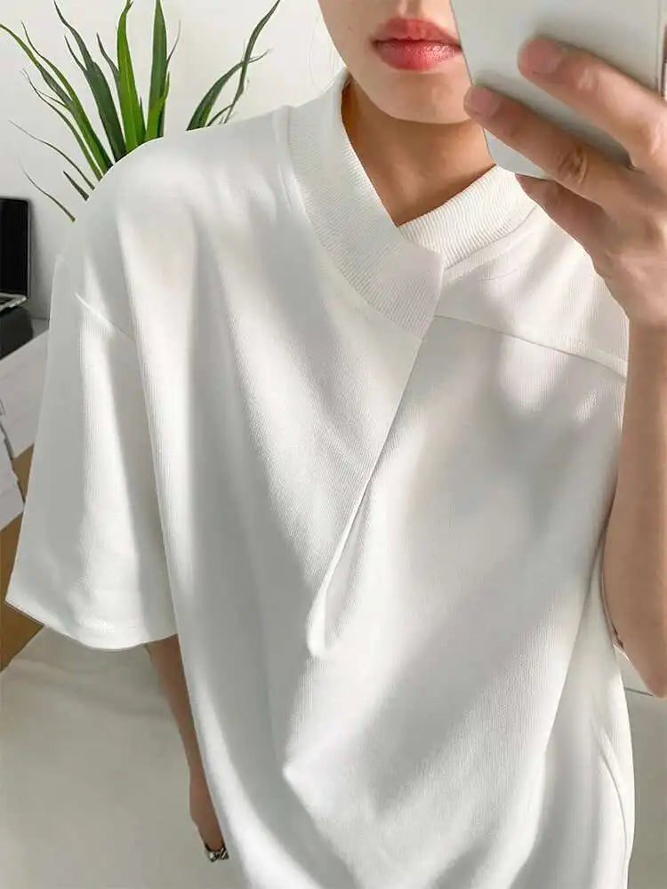 Women White Irregular Big Size Personality T-shirt New Round Neck Half Sleeve Fashion Tide Spring Summer 2025 1DF6438