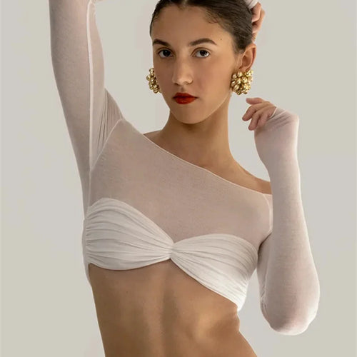 Load image into Gallery viewer, See Through Mesh Crop Top Women Pullovers Strapless Short Knit Cropped Tops Ladies Tee Shirt Sexy Off-shoulder T-shirt
