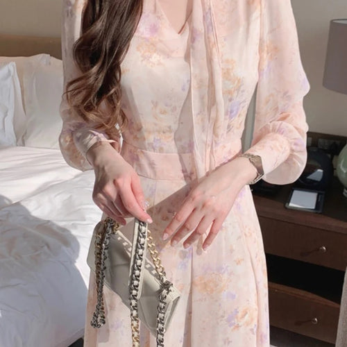 Load image into Gallery viewer, Jielur Spring Elegant V-Neck Midi Dress Female Long Sleeve Slim One Piece Dress Korean Fashion Vintage Floral Chiffon Dress Y2k
