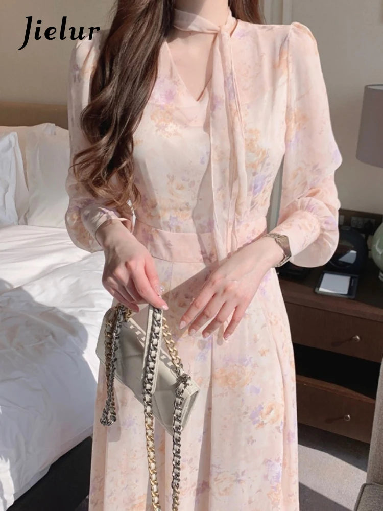 Jielur Spring Elegant V-Neck Midi Dress Female Long Sleeve Slim One Piece Dress Korean Fashion Vintage Floral Chiffon Dress Y2k