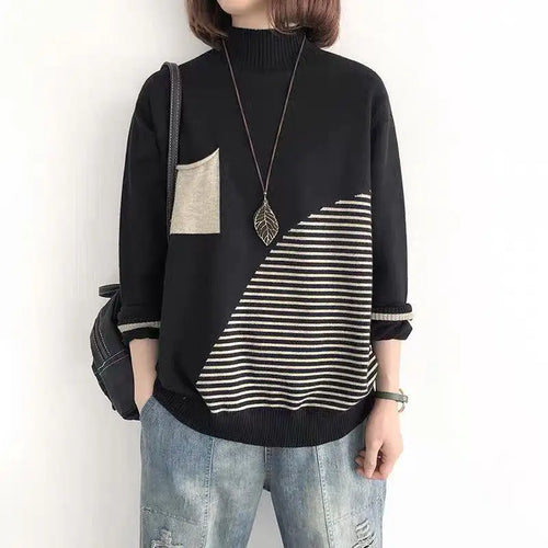 Load image into Gallery viewer, 2024 New Women Striped Patchwork Half High Neck Knitted Tops Streetwear Autumn Winter Casual Long Sleeve Pullover Sweater Trendy
