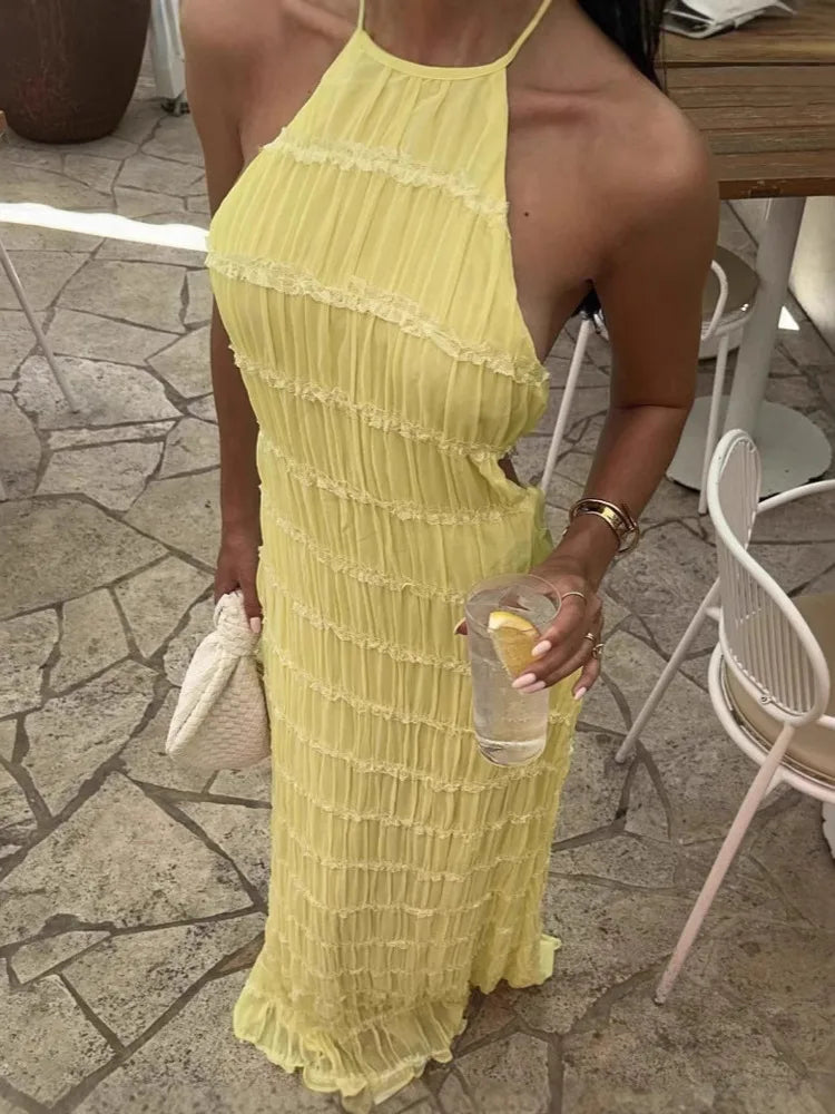 Halter Backless Sexy Maxi Dress For Women Spring Summer New Lace-up Sleeveless Pleated Beach Holiday Long Dress Elegant