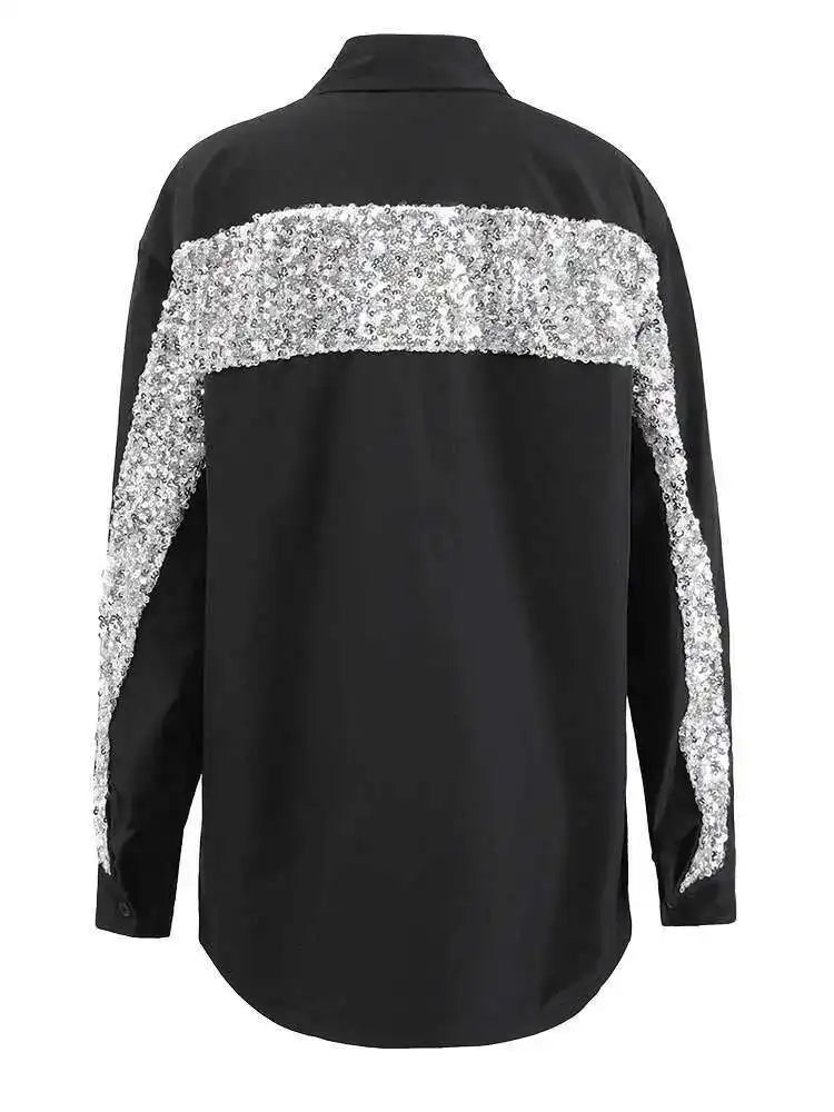 Women Black Back Sequins Big Size Casual Blouse New Lapel Long Sleeve Shirt Fashion Tide Spring Autumn 2025 CPG1444