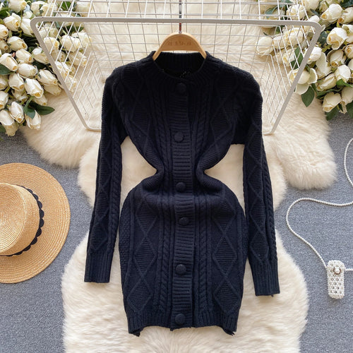 Load image into Gallery viewer, Women Black Round Neck  Single Breasted Knitted Dress Autumn Winter Beige Long Sleeve Casual Elegant Mini Sweater Dress Clothes
