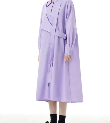 Women Purple Belted Big Size Irregular Midi Shirt Dress New Lapel Long Sleeve Fashion Tide Spring Autumn 2025 1DH5164