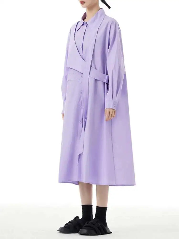Women Purple Belted Big Size Irregular Midi Shirt Dress New Lapel Long Sleeve Fashion Tide Spring Autumn 2025 1DH5164