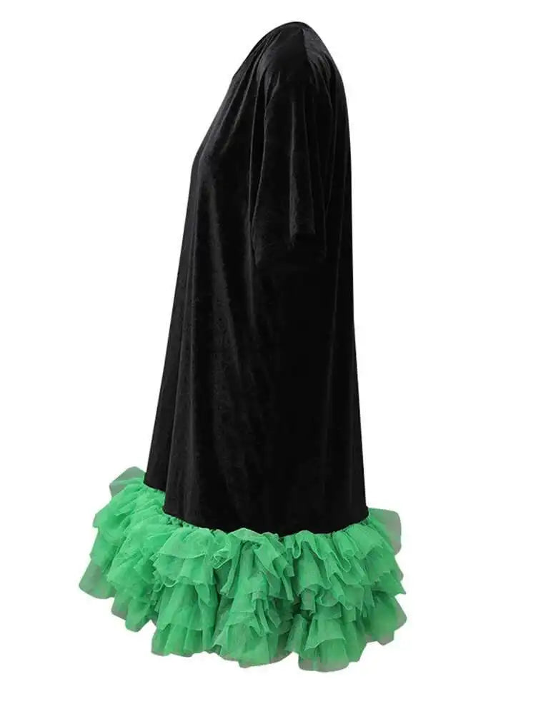 Women Green Mesh Ruffles Hem Big Size Knee-Length Dress New Round Neck Short Sleeve Fashion Spring Summer 2025 CPG2904