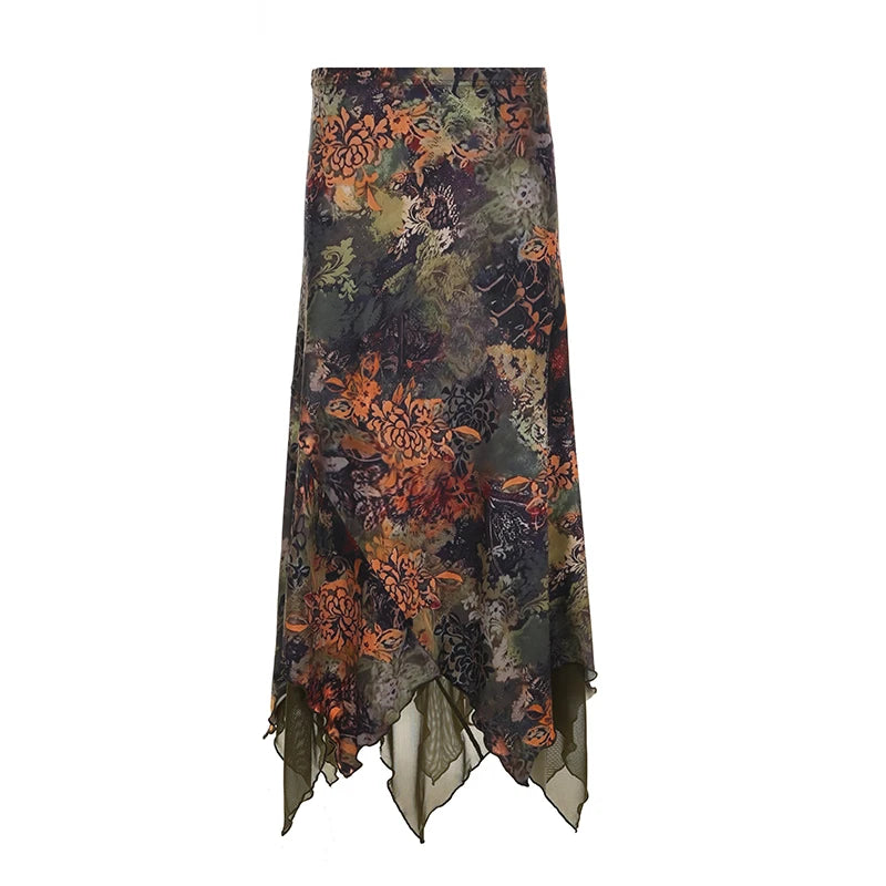Vintage Floral Printed Asymmetric Hem Skirts Women Summer Low Waist Slimming Skirt 90s Fairy Mesh Pathced Outfits New