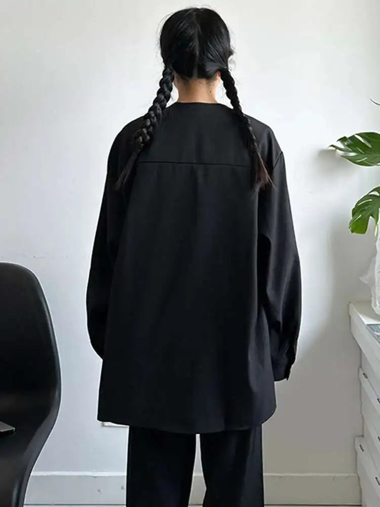 Women Black Irregular Button Elegant Big Size Blouse New Round Neck Long Sleeve Shirt Fashion Spring Autumn 2025 1DH6986