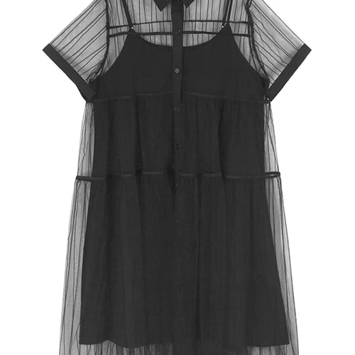 Load image into Gallery viewer, Women Black Mesh Perspective Midi Elegant Shirt Dress New Lapel Short Sleeve Fashion Tide Spring Summer 2025 1DJ0866
