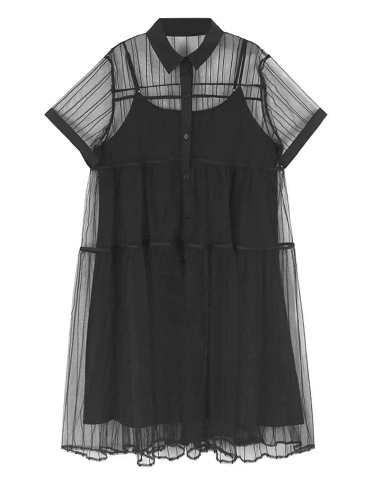 Women Black Mesh Perspective Midi Elegant Shirt Dress New Lapel Short Sleeve Fashion Tide Spring Summer 2025 1DJ0866