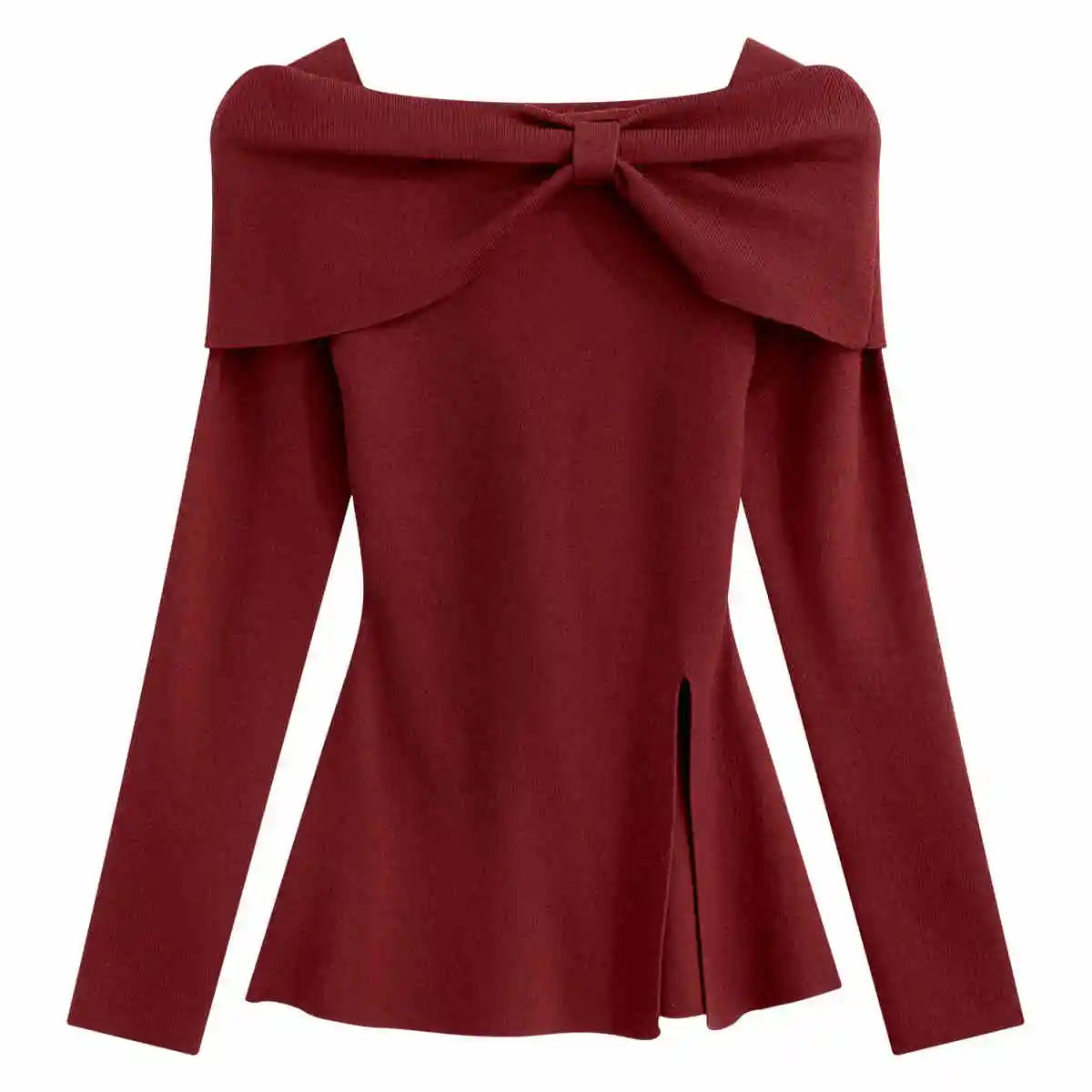 Autumn Winter Solid Slim Short Pullover Knitted Top Women Casual Long Sleeve Split Bow Sweater New Ladies Simplicity Streetwear
