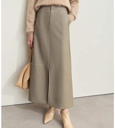 Minimalist Women's Retro Leather Skirts Eco-friendly PU Split A-line Female 2024 Winter Simple Commuter Clothing 12444182
