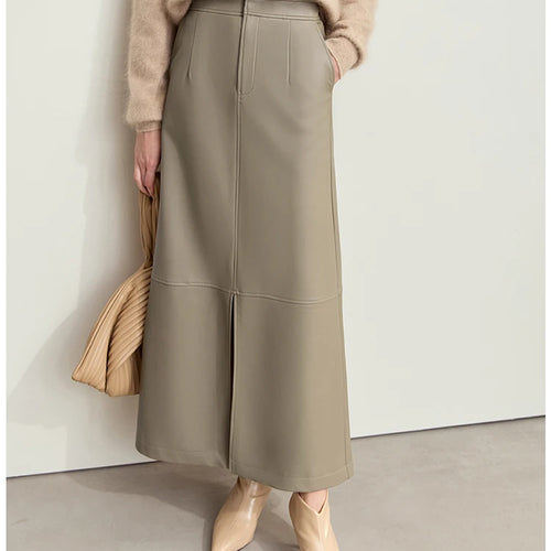 Load image into Gallery viewer, Minimalist Women's Retro Leather Skirts Eco-friendly PU Split A-line Female 2024 Winter Simple Commuter Clothing 12444182
