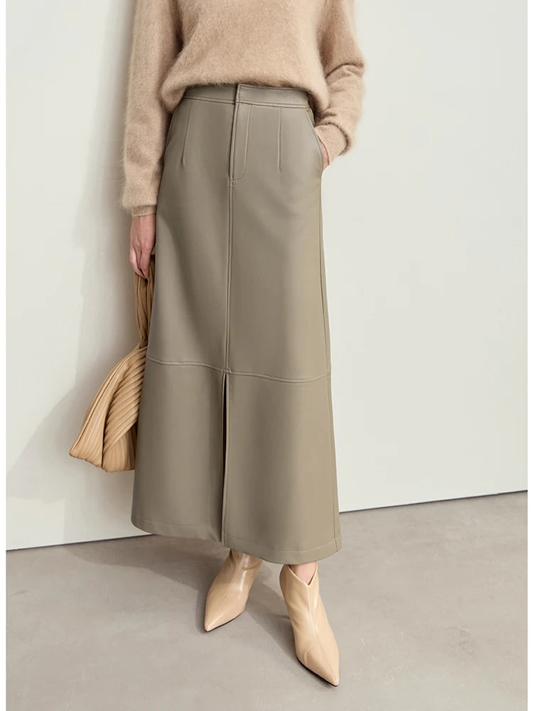 Minimalist Women's Retro Leather Skirts Eco-friendly PU Split A-line Female 2024 Winter Simple Commuter Clothing 12444182