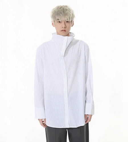 Striped Design Men's Shirts Stand Collar Single Breasted Casual Tops Korean Style Long Sleeve Loose Male Shirt New 9W1261