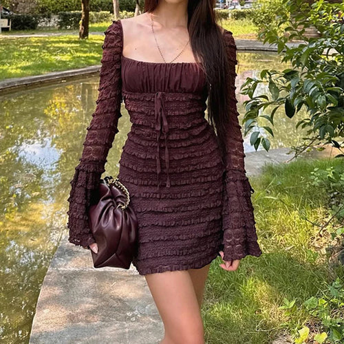 Load image into Gallery viewer, Fashion Elegant Brown Party Dress Flare Sleeve Square Neck French Chic Folds Ruched Party Dress Female Slim Aesthetic
