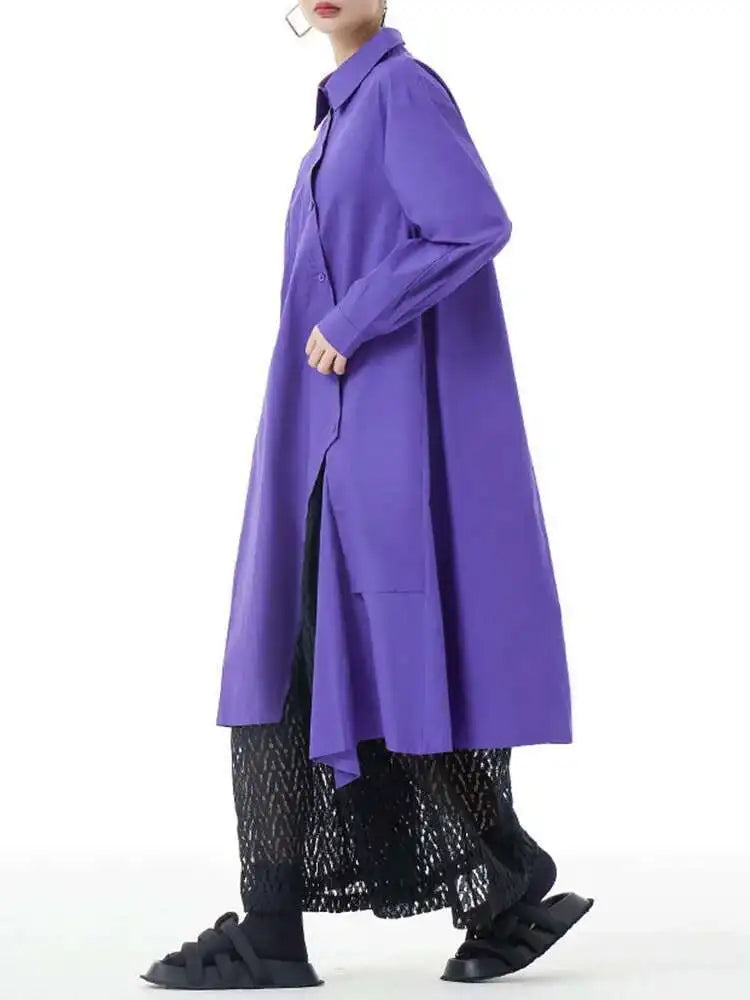 Women Purple Irregular Button Slit Big Size Shirt Dress New Lapel Long Sleeve Fashion Tide Spring Autumn 2025 1DH4827