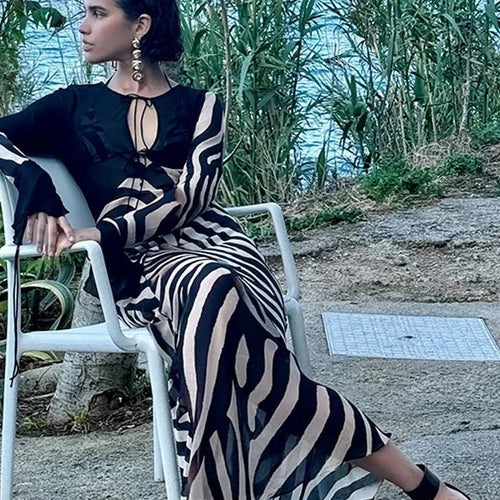 Load image into Gallery viewer, Transparent Zebra Print Chiffon Dress Sexy Elegant V-neck Long Sleeve Maxi Dresses Summer Beach Outfit C92-DE25
